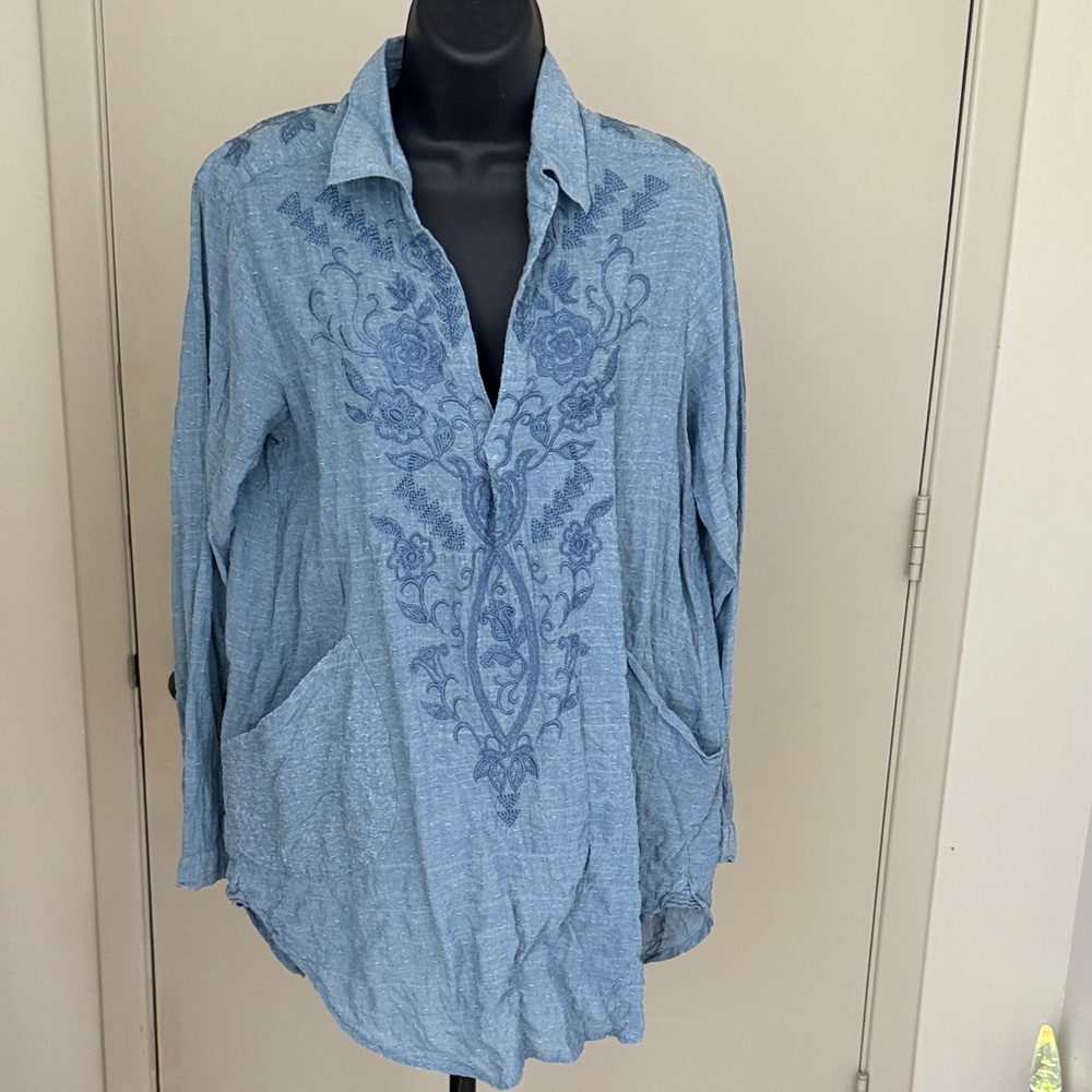 Johnny Was 3 J Workshop Blue cotton embroidered Tunic
